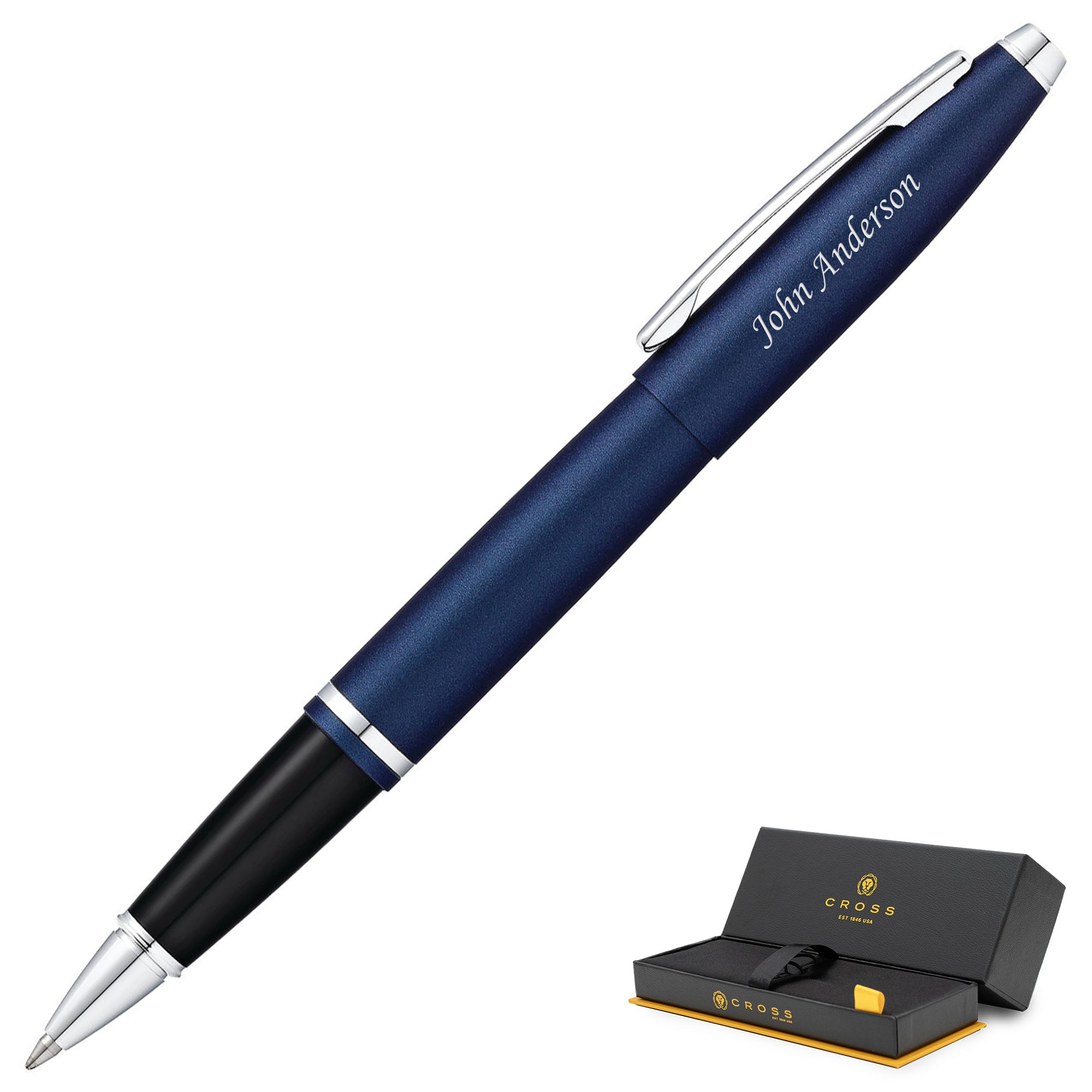 A personalized matte metallic midnight blue Cross Calais Rollerball pen in a gift box.